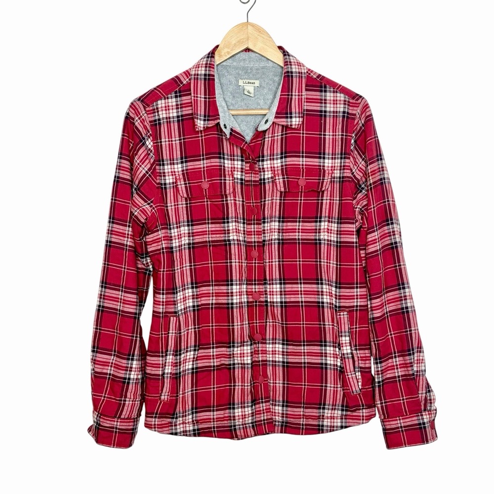 LL Bean Fleece Lined Flannel Shirt Red Womens Small Snap Up Outdoor Shacket